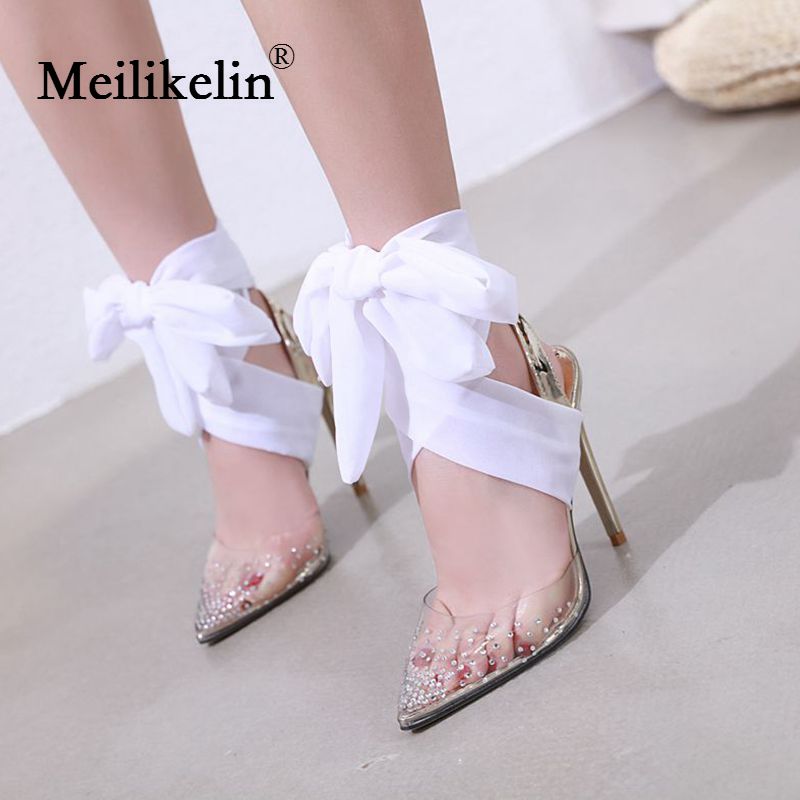 créateur chaussures pour femmes sandales pointu talons aiguilles à talons hauts cristal sandales soie écharpe blanc chaussures de mariage