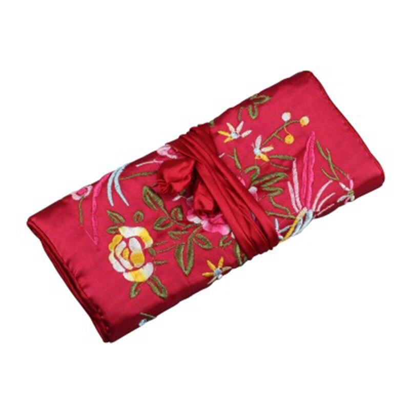 Portable Ladies Travel Jewelry Roll Bag Embroidery Jewelry Packaging Bag Women's Jewelry Organizer Case Pouch: rose red