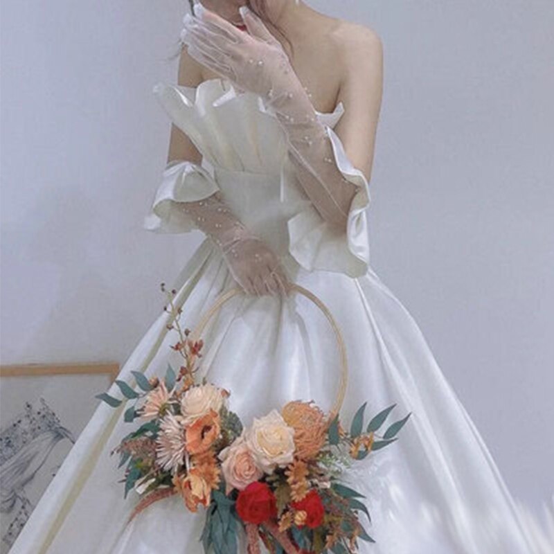 Translucent Mittens Heartstring Wedding Gloves White Pearls Long Gloves Translucen... – Grandado