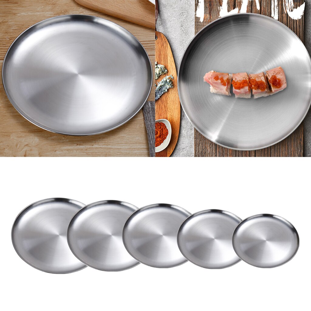 Stainless Steel Flat Dinner Plate Dish Plate Double Insulated Thick Platter Salad Plate For BBQ 14cm