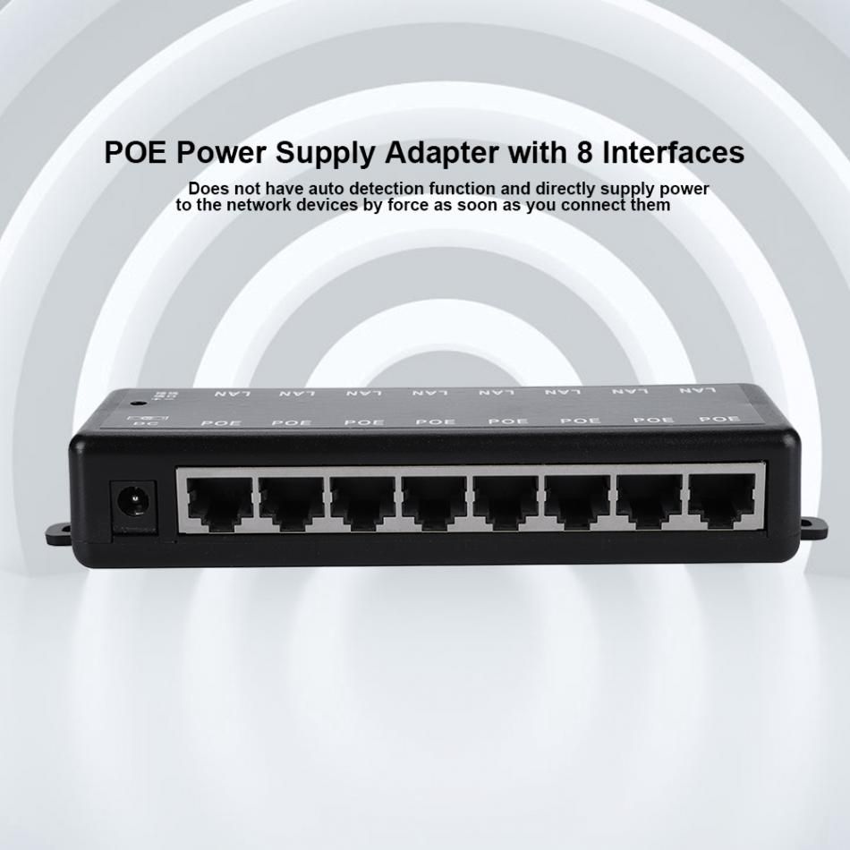 8 portas PoE Injector PoE Adaptador de alimentação Ethernet Fonte de alimentação Pin 4,5(+)/7,8(-) Entrada DC12V-DC48V para câmera IP 802.3af/at