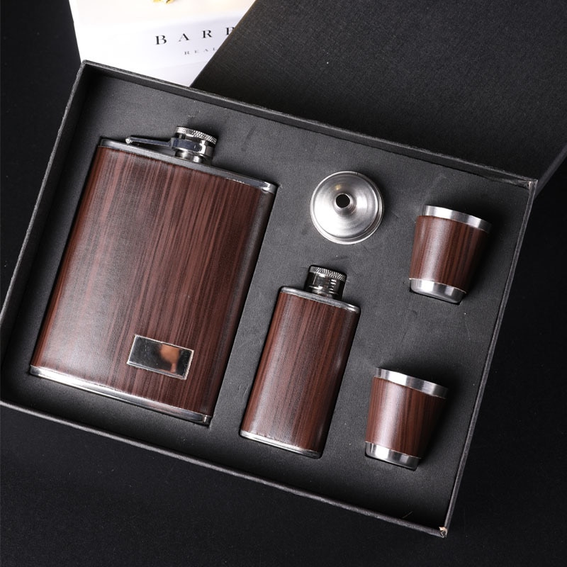 9 oz Wooden Hip Flask Set Whiskey Wine Stainless Steel Alcohol Flagon Bottle Travel Drinkware For