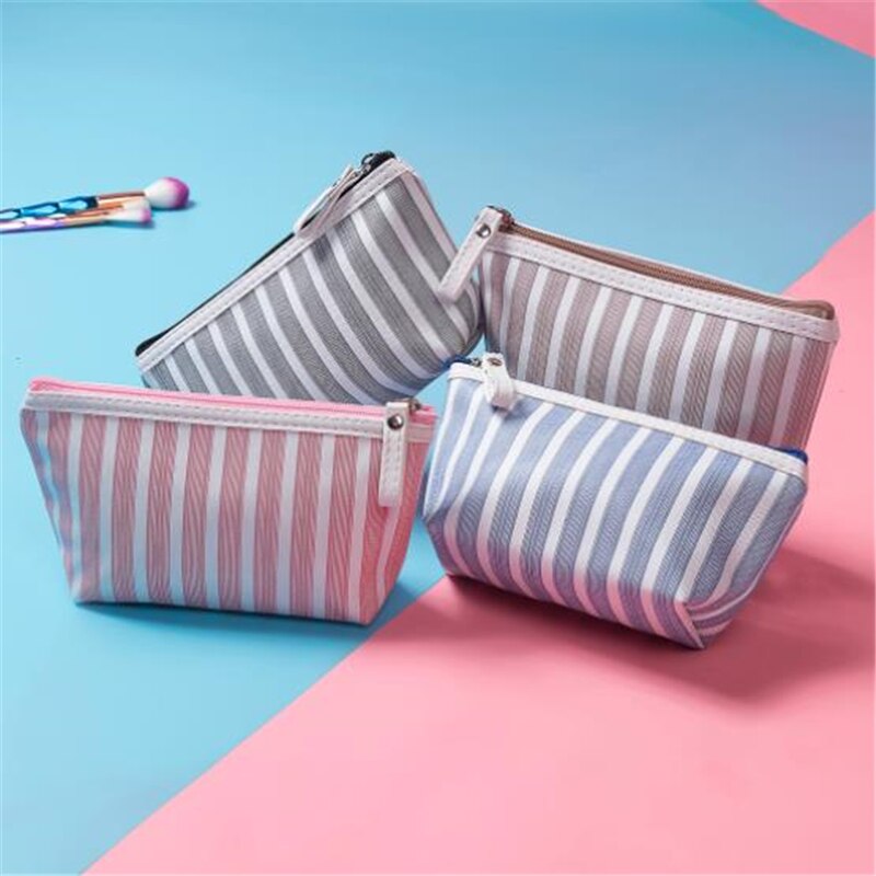 Stripe Canvas Pencil Bag Stationery Storage Bag Office School Supplies Zipper Pen Pouch Pencil Case for Students