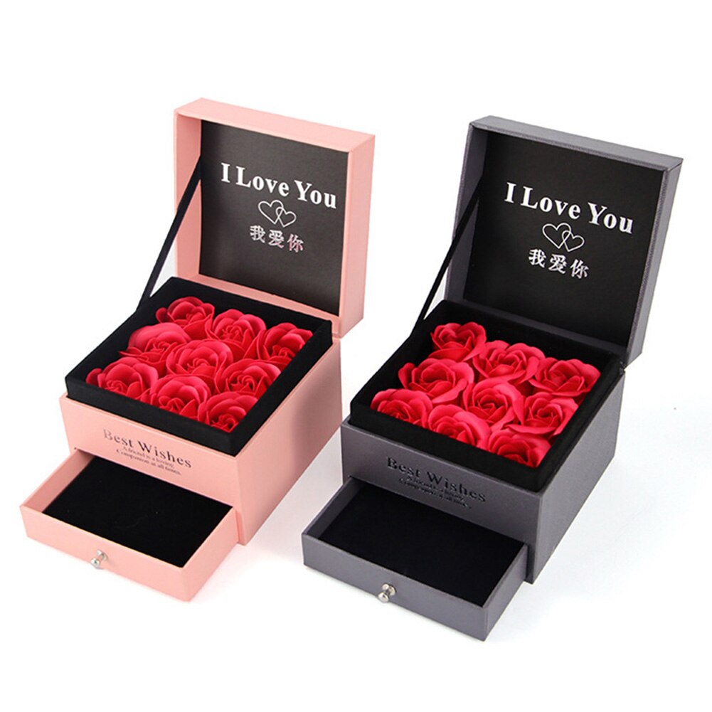 Ring halskæde smykker indehaver papkasse  + 9 stk faux rose blomsterkasse