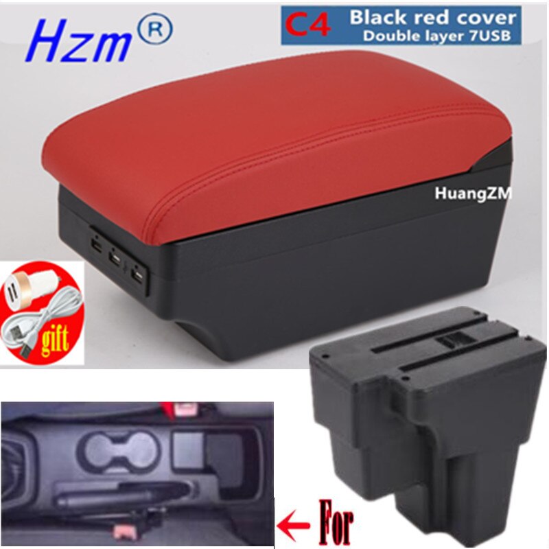 For KIA RIO Armrest For Europe South America Retrofit parts Car Armrest box Center Storage car accessories USB: C4 Black red cover