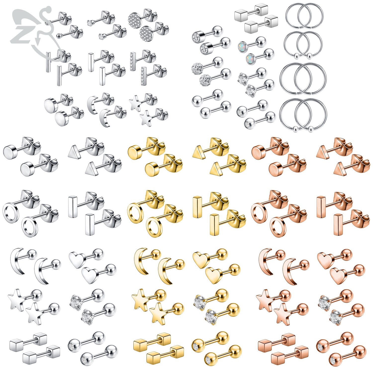 ZS 4-9pairs/lot CZ Crystal Stud Earring Set 3 Color Round Heart Star Stainless Steel Ear Helix Tragus Cartilage Piercing Jewelry