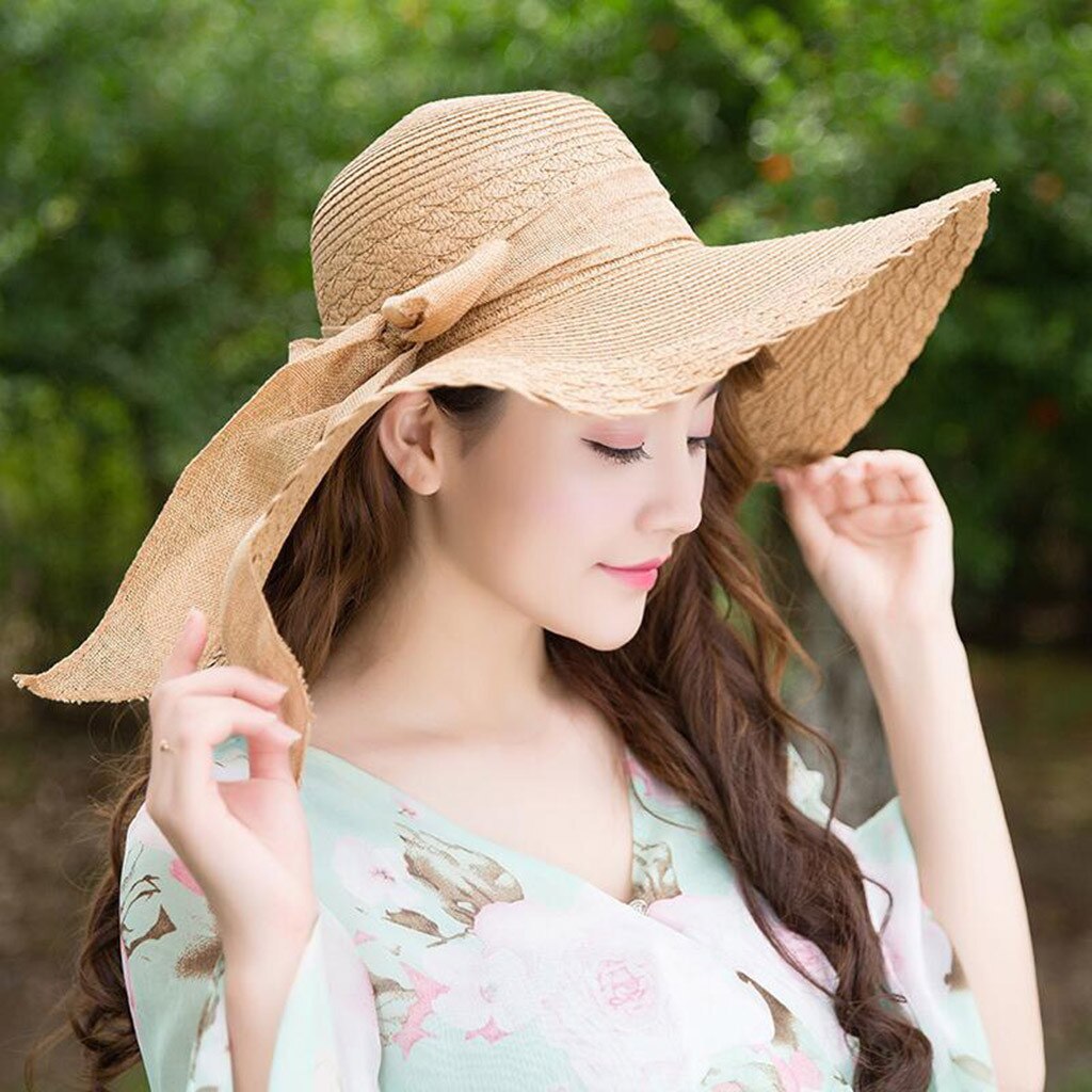 Women Colorful Big Brim Straw Bow Hat Sun Floppy Wide Brim Hats Beach Cap: KH