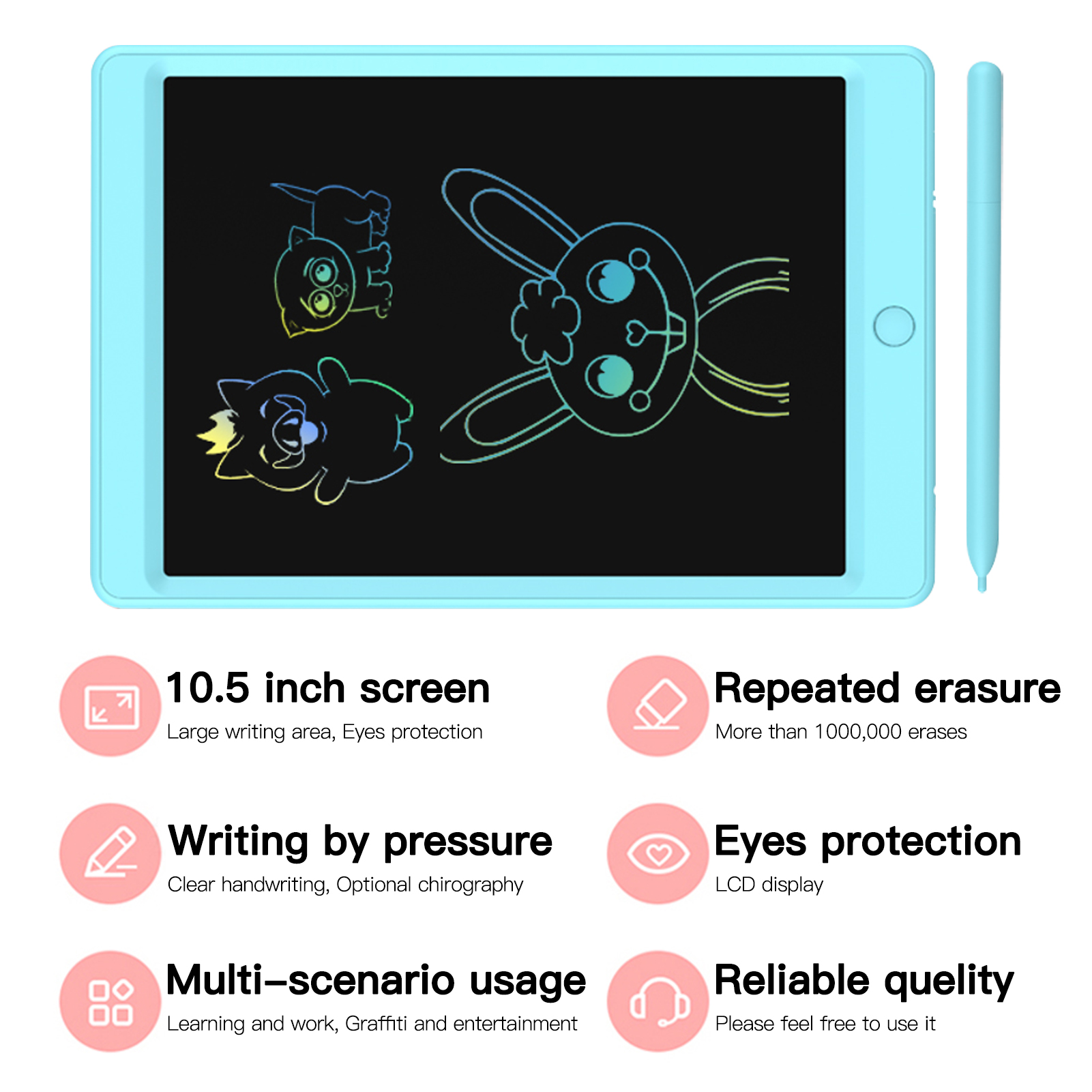 Tablette LCD pour écriture et dessin, 10.5 pouces, tableau coloré avec stylet magnétique pour apprentissage éducatif au bureau