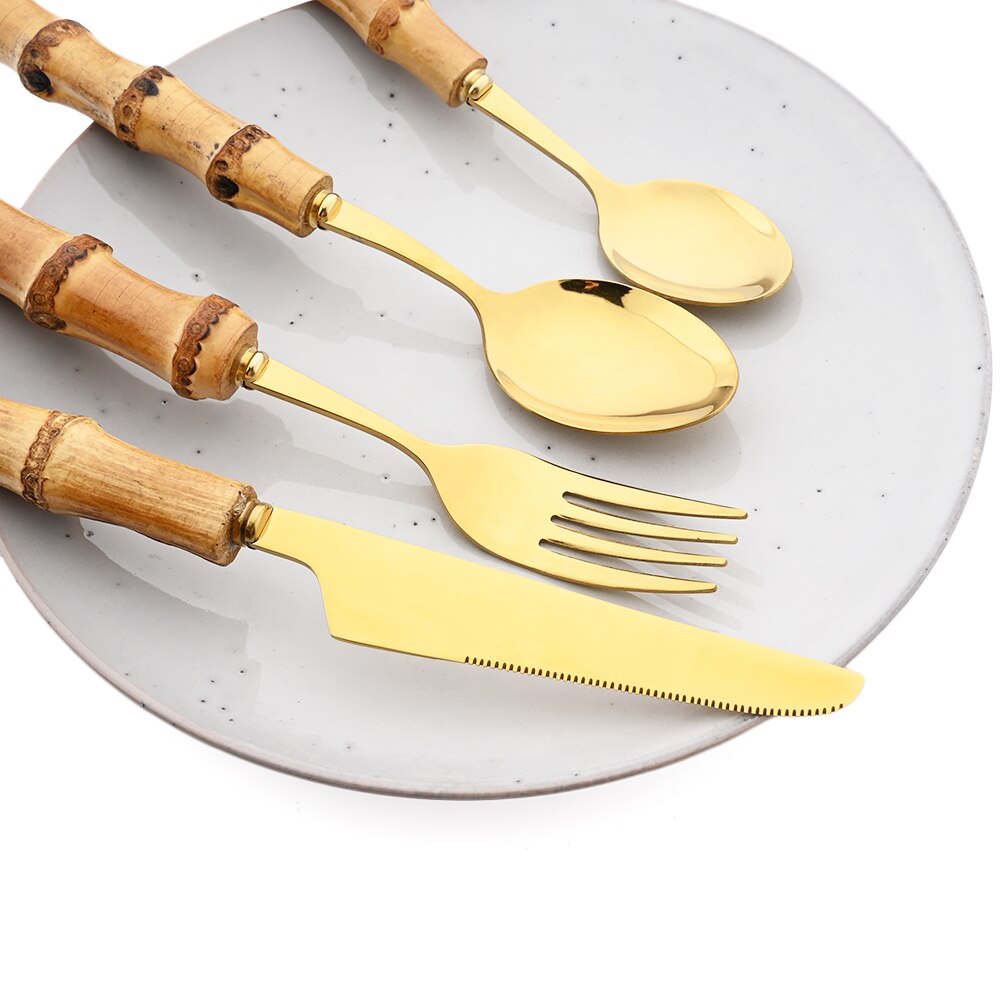 Bamboo Handle Cutlery Set Steak Knife Fork Coffee Tea Spoon Tableware Set Mirror Stainless Steel Flatware Kitchen Dinnerware Set