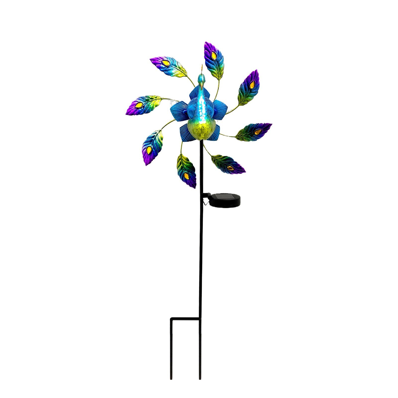Painted Windmill Garden Decoration Wrought Iron Painted Peacock Solar Light Courtyard Whirligig Wooden Pile Wind Rotator