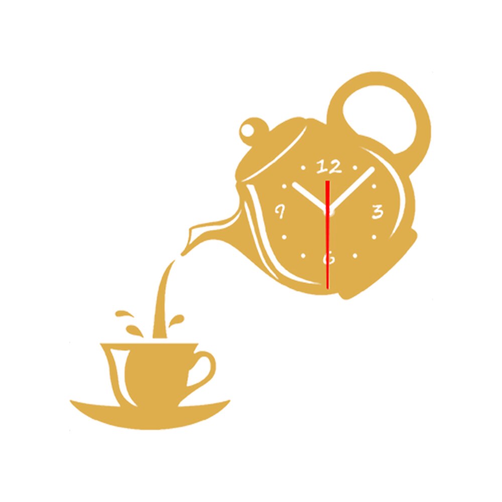 Diy Acrylic Coffee Cup Teapot 3D Mirror Wall Clock Decorative Kitchen Wall Clocks Living Room Home Decor Clock: Gold