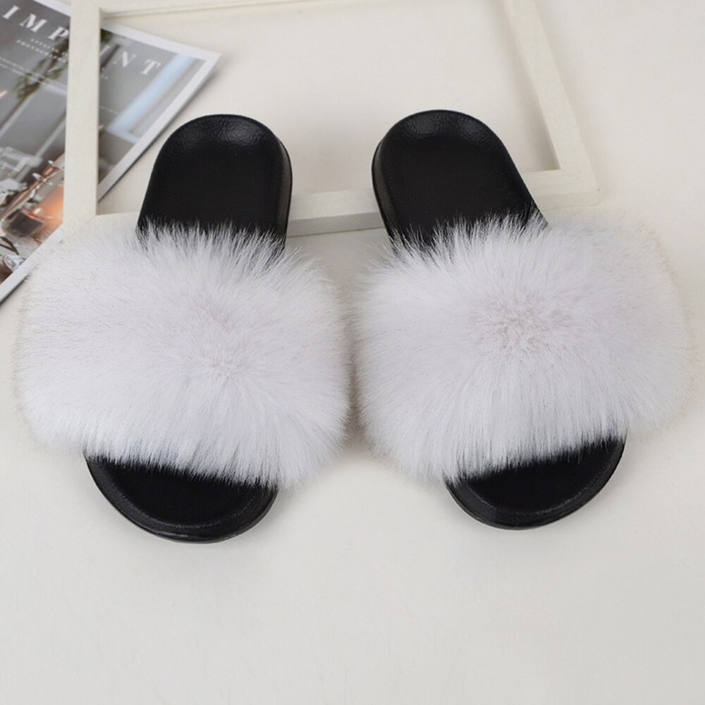 Imitatie Vossenbont Slippers Faux Furry Fluffy Slippers Vrouwen Slides Sandalen Indoor Schoenen Voor Vrouwelijke Slip Op Slippers d30: WHITE / US 8-9