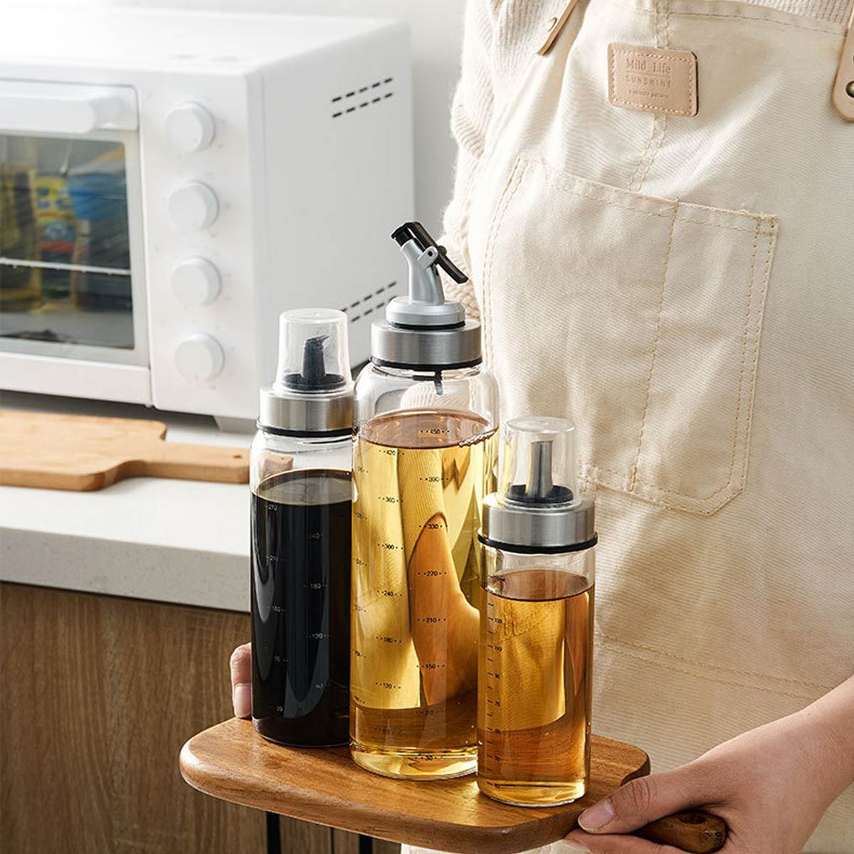Koken Kruiden Fles Olie Saus Fles Dispenser Platic/Glas Met Schaal Opslag Flessen Voor Olie Azijn Keuken Accessoires