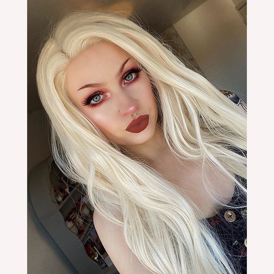 Fantasy skønhed håndbundet blond lang lige høj temperatur fiber varmebestandig limfri syntetisk front blonde paryk til kvinder