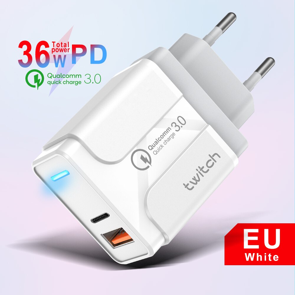 Twitch Quick Charge 3.0 18W PD USB Wall Charger for Samsung Xiaomi iPhone 11 Pro X Charging UK Adapter Fast Mobile Phone Charger: EU White