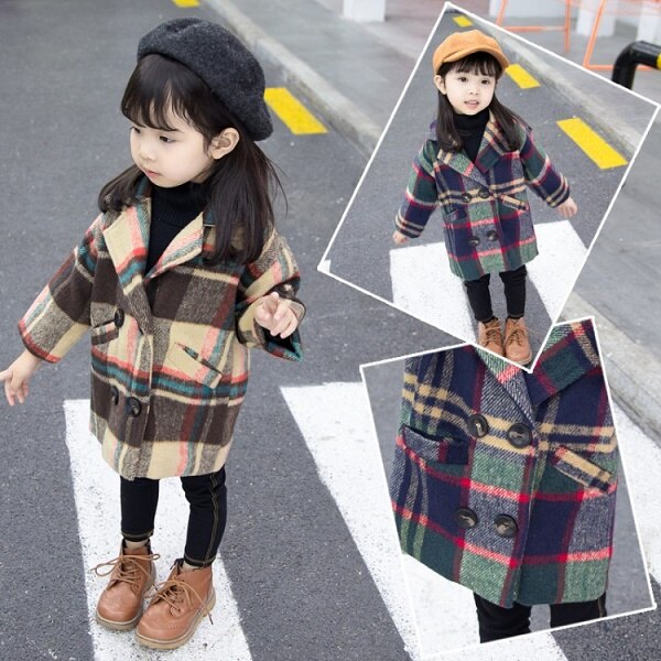 Meisjes wollen overjas herfstoutfit meisjes 1-5 jaar koreaanse versie katoenen sandwich lange warme geruite wollen jas