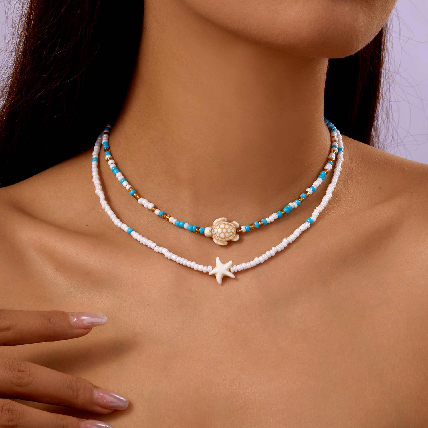 Collar bohemio con colgante de tortuga y estrella de mar con doble cuentas para mujer, gargantilla de cadena para clavícula con cuentas de semillas coloridas, joyería para en la playa: Oro oscuro