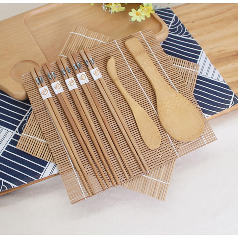 9pcs Bamboo Sushi Making Kit with 2 Rolling Mats 5 Pairs Chopsticks Rice Paddle Rice Spreader