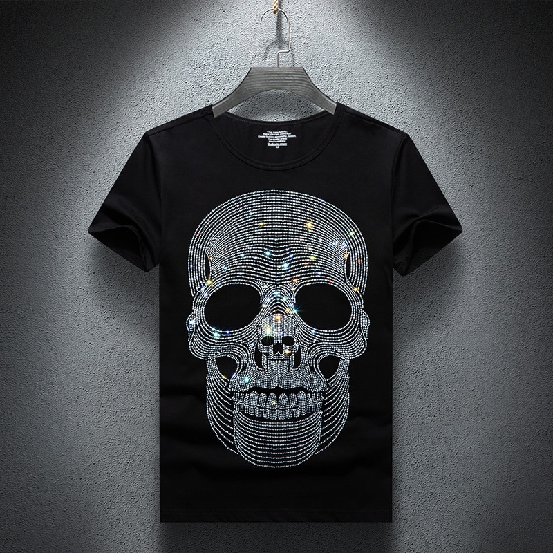 Casual t-shirt herr sommar kortärmad streetwear o-ringad smala bomullströjor strass plus size s -7xl toppar hane