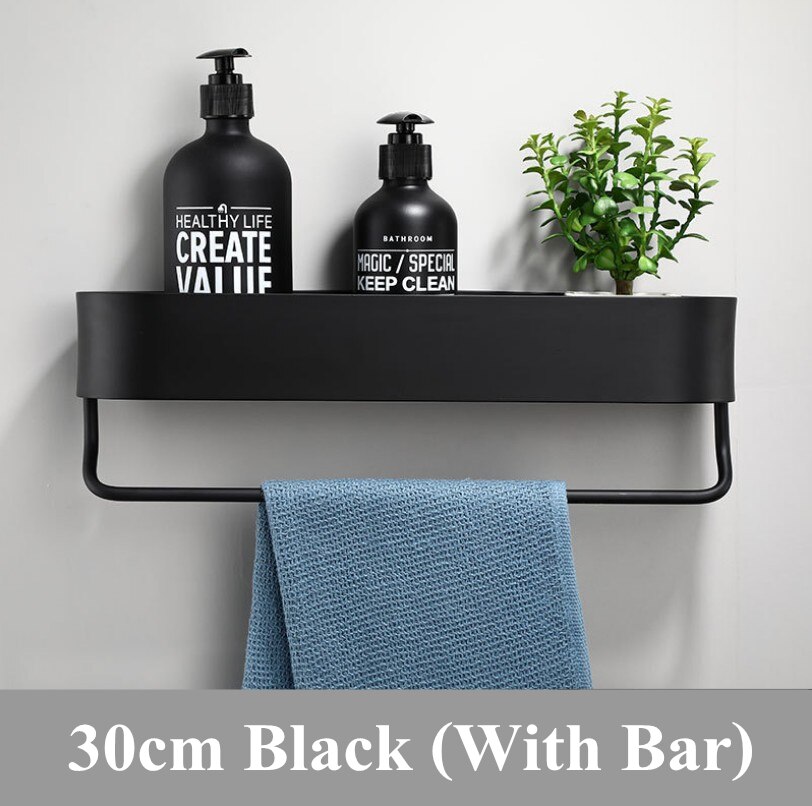 Plads aluminium sort badeværelse hylder køkken væg hylde bruser opbevaring rack håndklæde bar badeværelse tilbehør 30-50 cm længde: 30cm sorte med bar