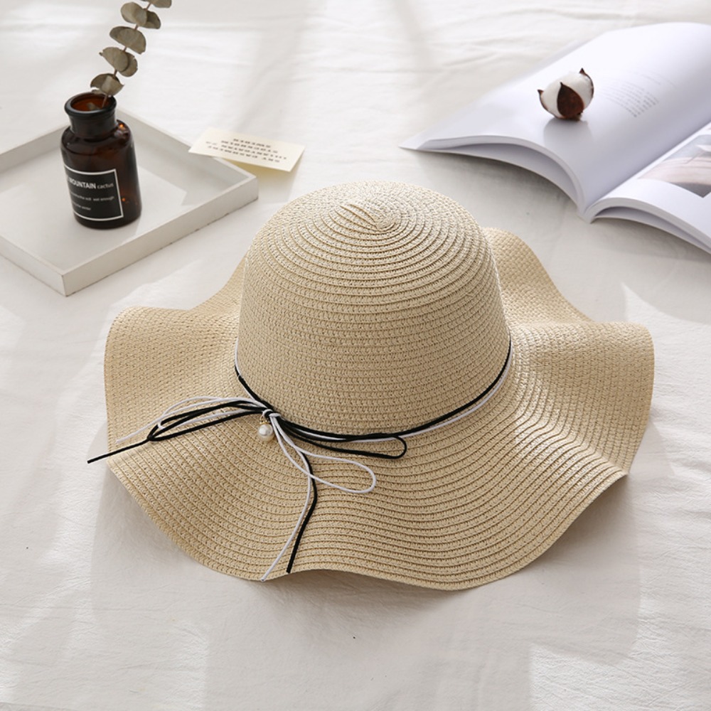 Trendy French Style Pearls Strap Straw Hat Wide Brim Beach Folding Straw Hats Spring Summer Travel Women's Sun Hat Girls: green