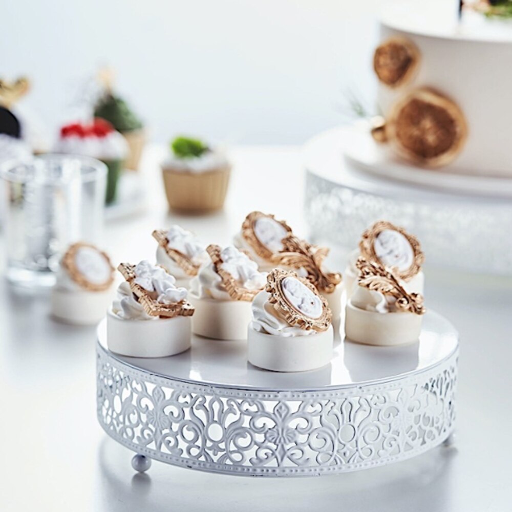 Round Lace Metal Wedding Cake Stand Dessert Display Stand Glossy Metallic Finish for Wedding Ceremonies Party Decoration Banquet: White
