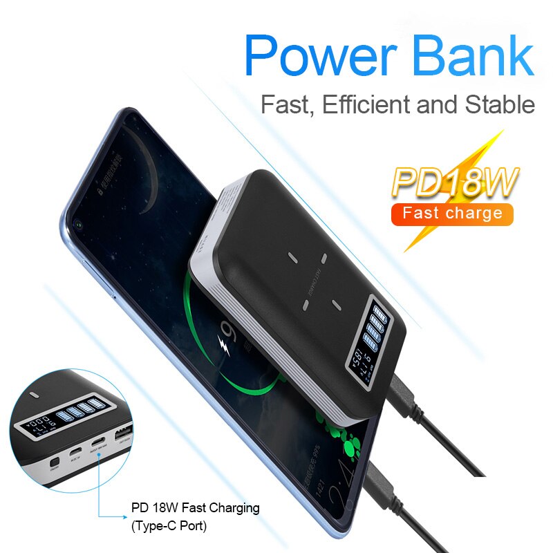 DIY Battery Power Bank PD Portable Battery Charger with LCD Display 18W Type c Fast Charger 10W Wireless Charger