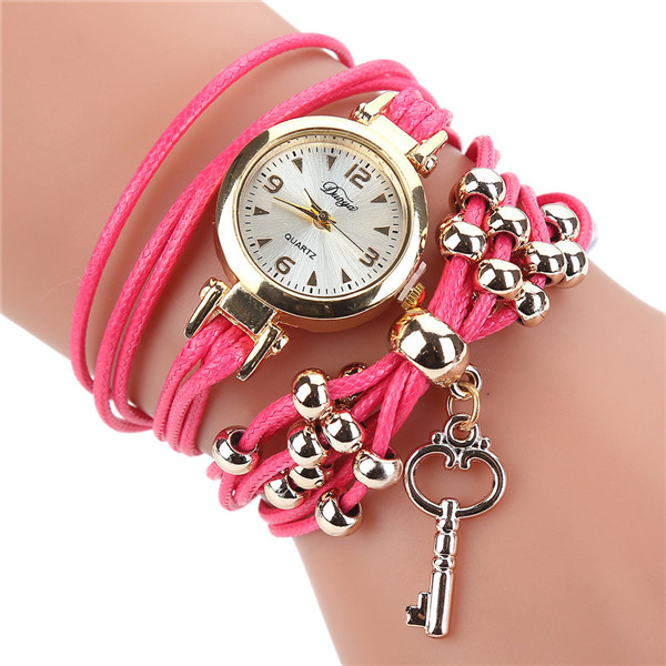 Damearmbåndsur damearmbåndsure lædercirkelbånd guldskive kvarts armbåndsure reloj mujer: Hot pink