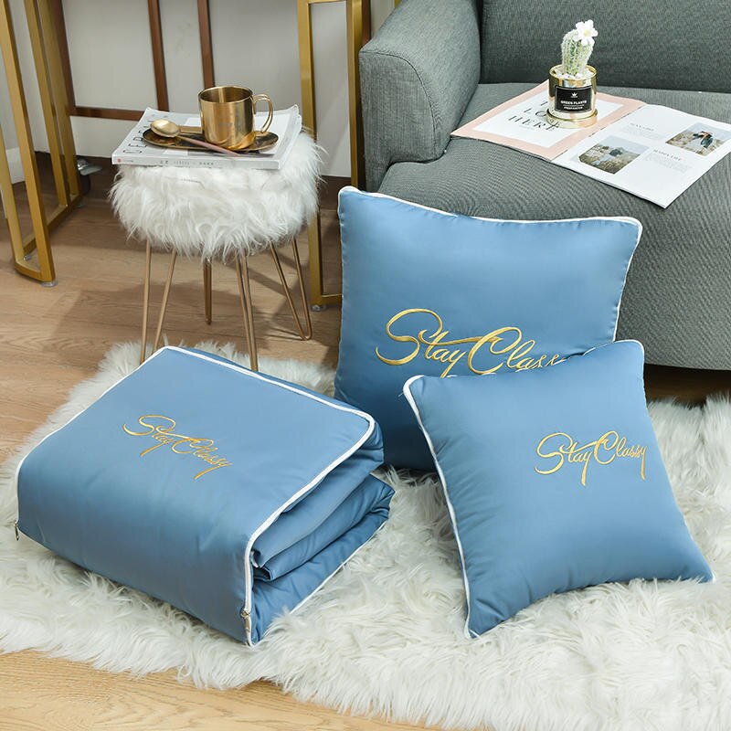 2 in 1 vasket silke bærbare ensfarvede sengetøj til bil sovesofa rygpude pude super blødt fyldt udfoldede fluffy kontortæpper: Blå / 150 x 190cm tæppe