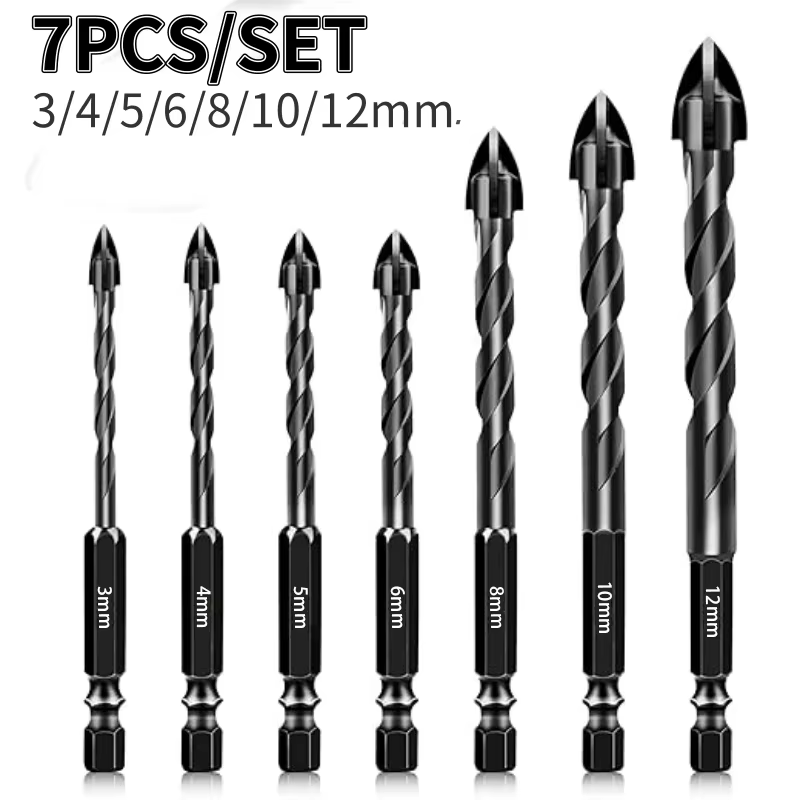 High-Four-edged 14/7Pcs 3-12mm Masonry Drill Bits Concrete Drill Bit Set Tungsten Carbide Tip Work with Concrete Stone Carbide: Silver