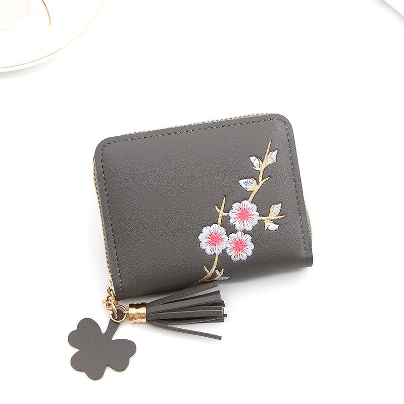 Lovely Ladies Flower Embroidery Tassel Pendant Short Wallet Girls Cute Zipper Purse Change ID Card Coin Pocket Card Holder: 4