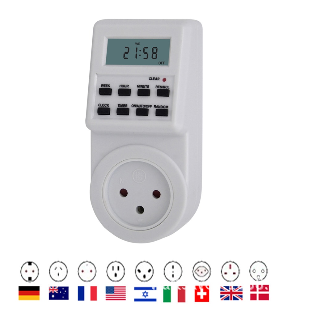 Eu uk us fr br-kontakt digital veckoprogrammerbar el-vägg plug-in eluttag timer brytare uttag tidsklocka 220v 110v ac
