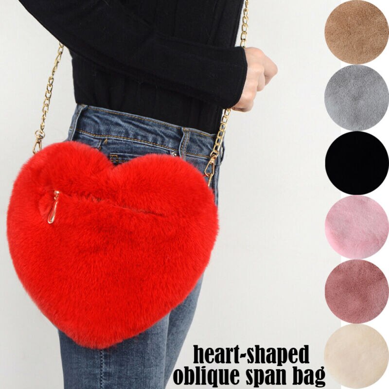 UK Women Heart-shaped Bag Plush Love Shoulder Hairy Bag Valentine Day