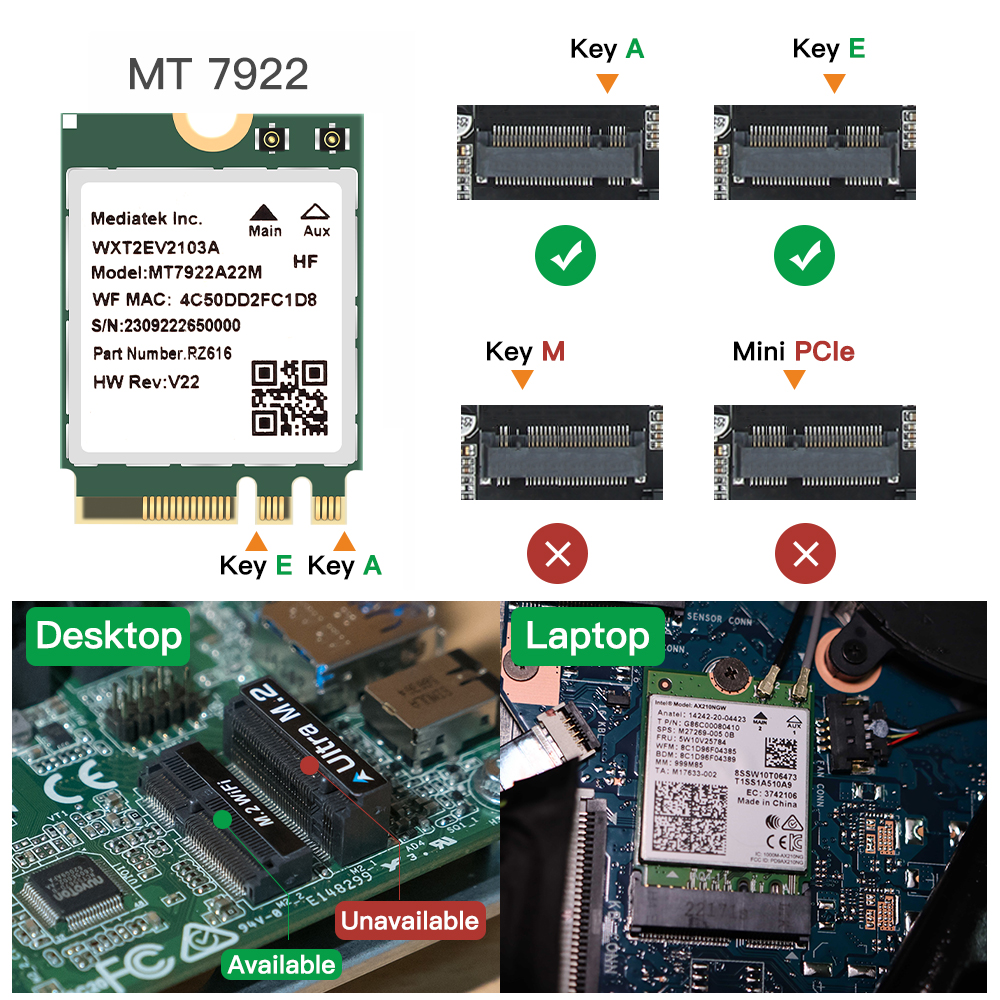 Wifi 6e mt7922 m.2 placa sem fio 5374mbps bluetooth 5.2 adaptador de rede 802.11ax 2.4g/5g/6ghz mediatek mt7922 MU-MIMO win 10 11