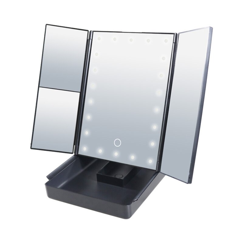 Trifold Led Makeup Mirror with Storage Box Vanity Lighted Mirrors 180 Degree Rotatable for Home Bedroom Bathroom Travel: 22LED