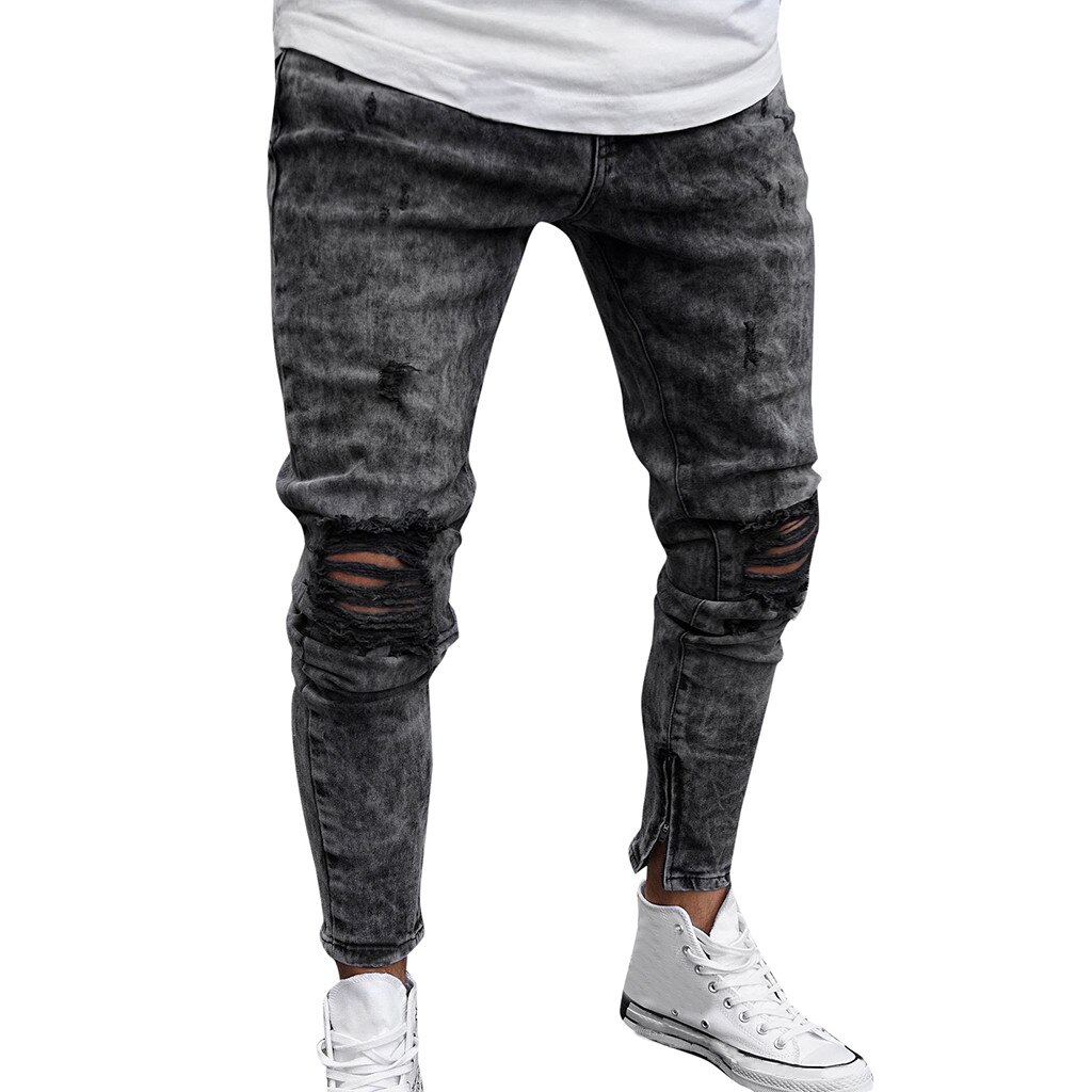 Men's Tight-fitting Casual Jeans Old Men's Solid Color Trousers Outdoor Slim-fitting Ripped Men's Casual Pants#g30: M