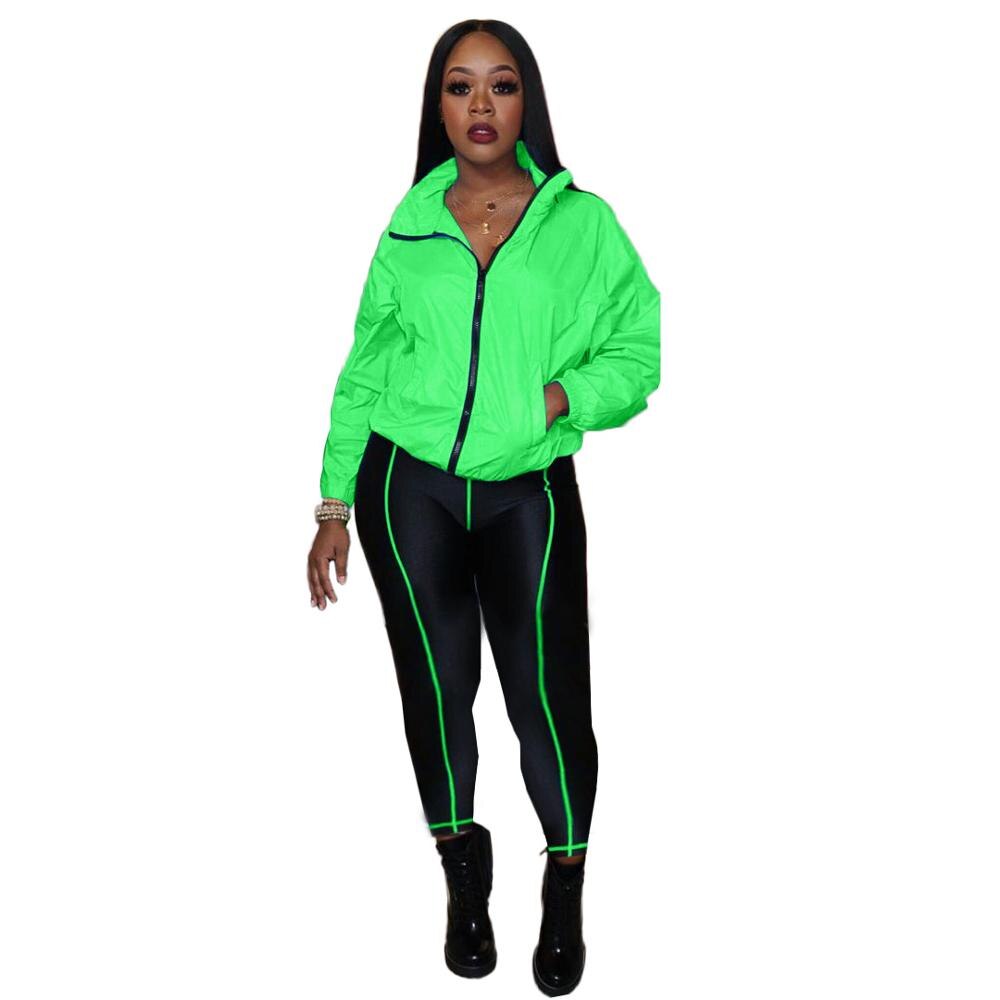 Adogirl Fluorescent Green Women Tracksuit Athleisure Two Piece Set Stand Collar Long Sleeve Jacket Coat Skinny Pants Sportswear: green 2 piece set / M