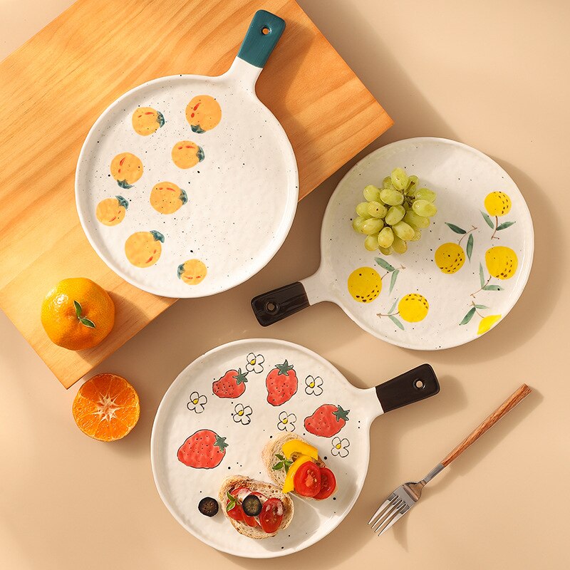 Plato de cerámica para Pizza, horno microondas, plato de comida occidental especial con mango, plato para ensalada de frutas, vajilla para el hogar, utensilios de cocina