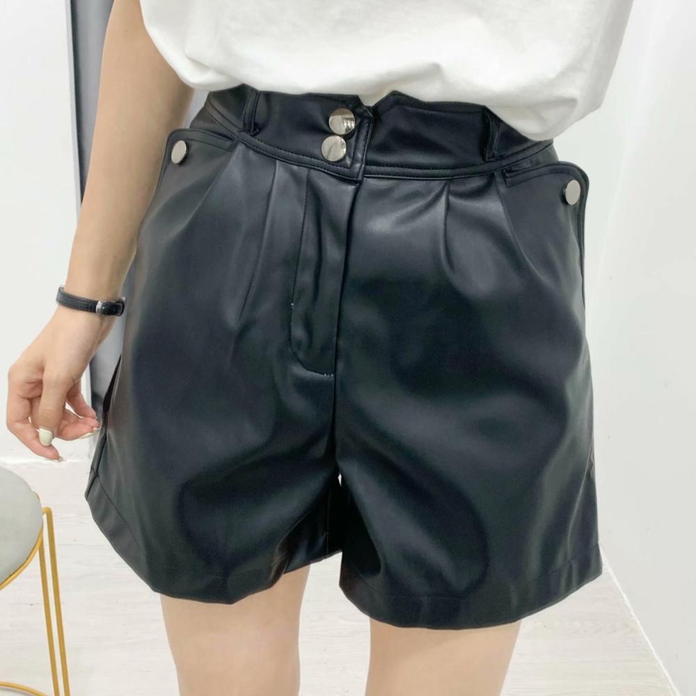 ¡Novedad! Pantalones cortos Zevity de piel sintética con botones a la para mujer, pantalones cortos ajustados informales con cremallera chic y bolsillos para mujer, pantalones cortos P923