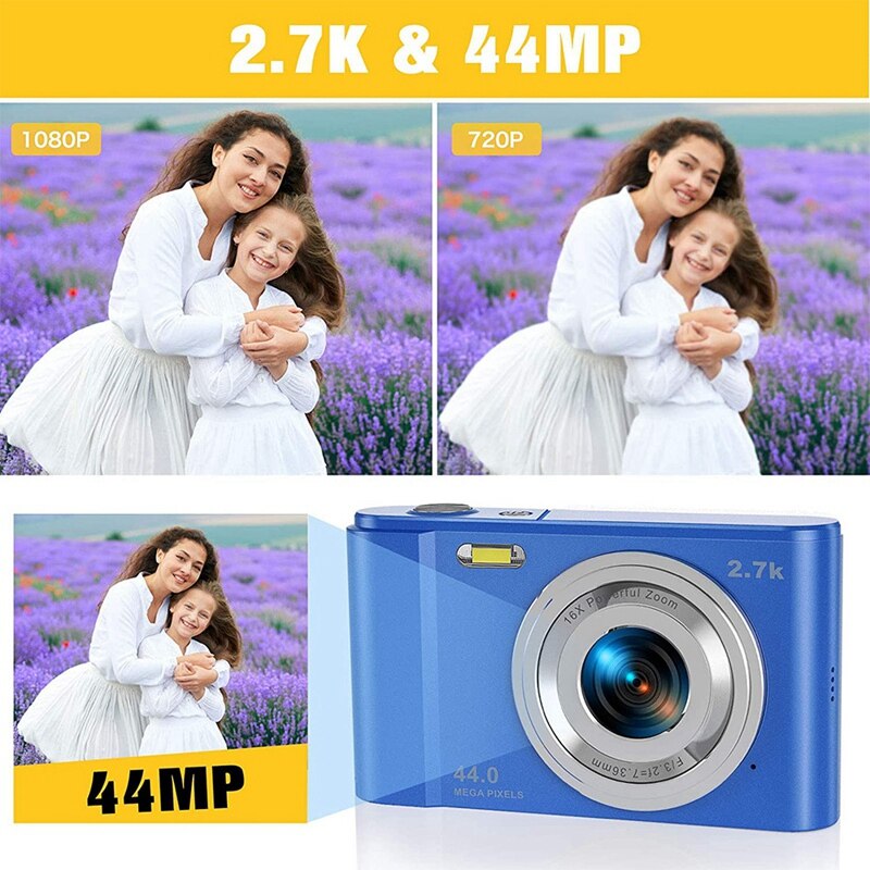 Fotocamera digitale 2.7K HD 44MP telecamera v(con Zoom digitale 16X, fotocamera tascabile compatta con luce di riempimento per adolescenti, blu