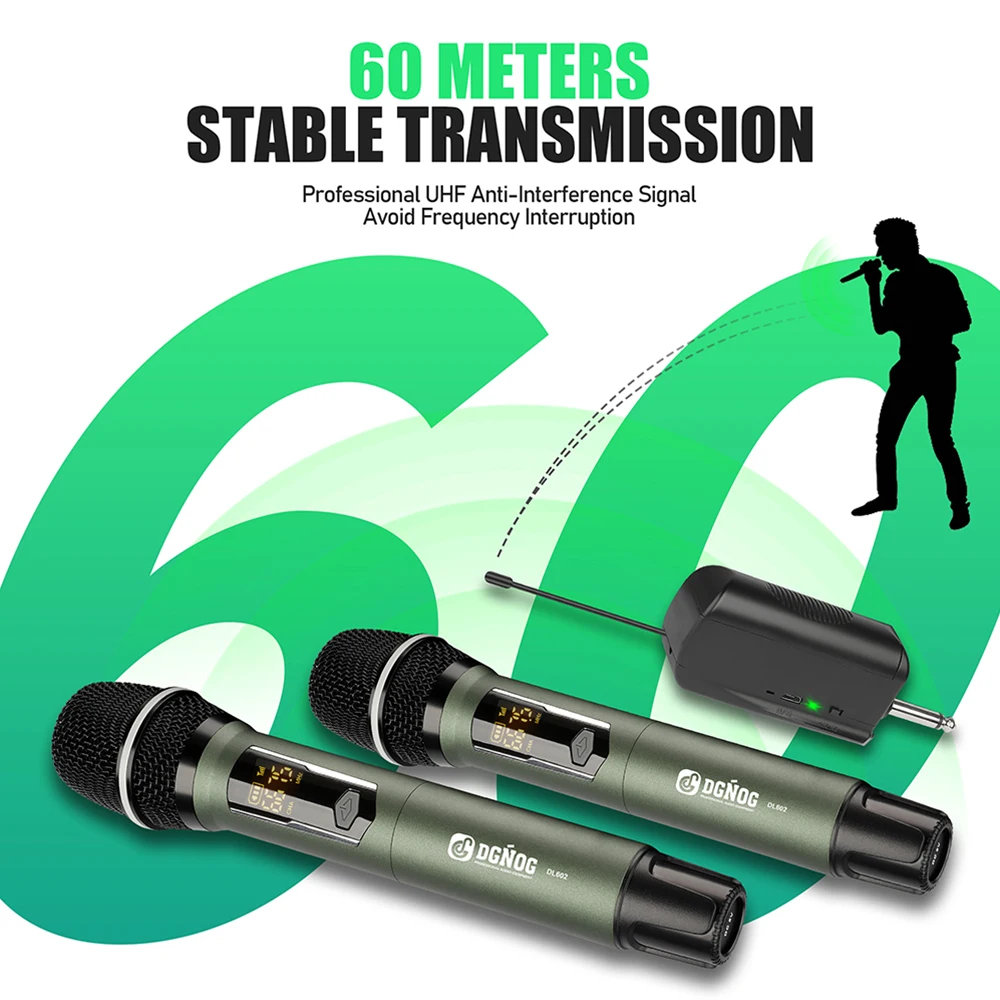 Dual Handheld Dynamic Karaoke Microphone System 2 Channel Wireless Microphone UHF 60m for Conference Stage School PA Speaker