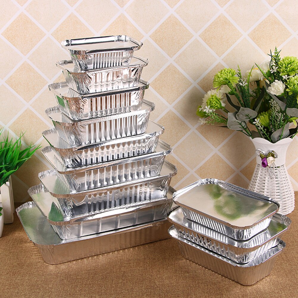 50pcs Reusable BBQ Aluminium Foil Box with Cover Mess Tin Lunch Box Grease Drip Pans Tray Outdoor for Cooking