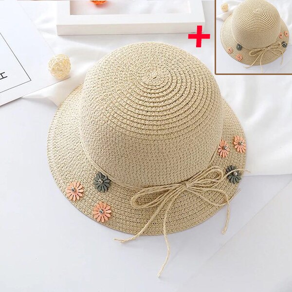 Nuovo 2pcs Cappello di Paglia Delle Donne Nodo Dell'arco Floreale Tesa Larga Dei Genitori-Bambino Cap per la Spiaggia di Trasporto di Goccia: hat beige