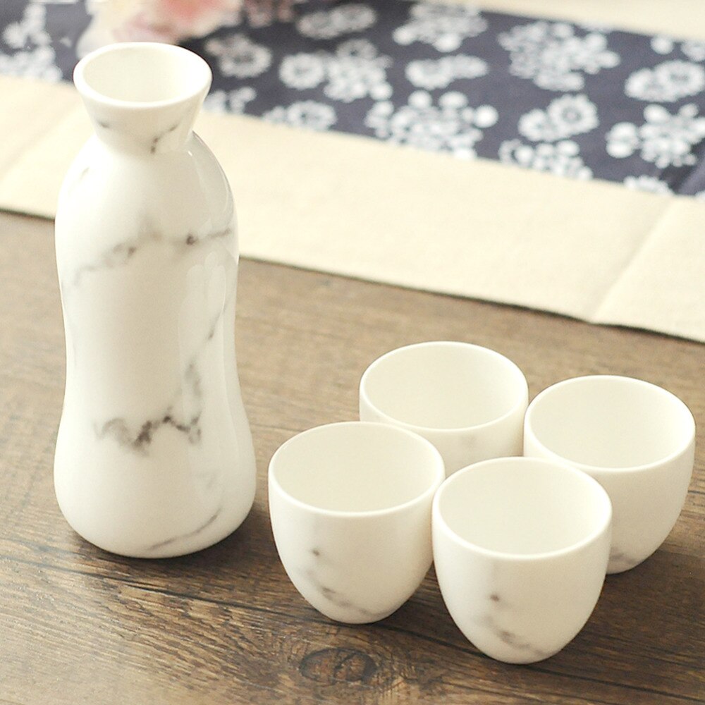 5 Piece Ceramic White Traditional Japanese Sake Set with Marble