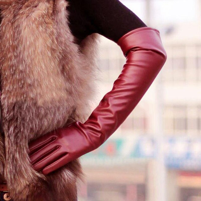 Women Faux Leather Long Gloves Full Fingers Winter Warm Gloves Outdoors Long Black Red
