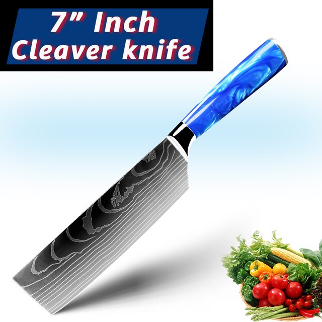 Kitchen Chef Knife Santoku Japanese Knife 7CR17 High Carbon Stainless Steel Damascus Drawing Meat Vegetable Knives: 7inch Cleaver knife