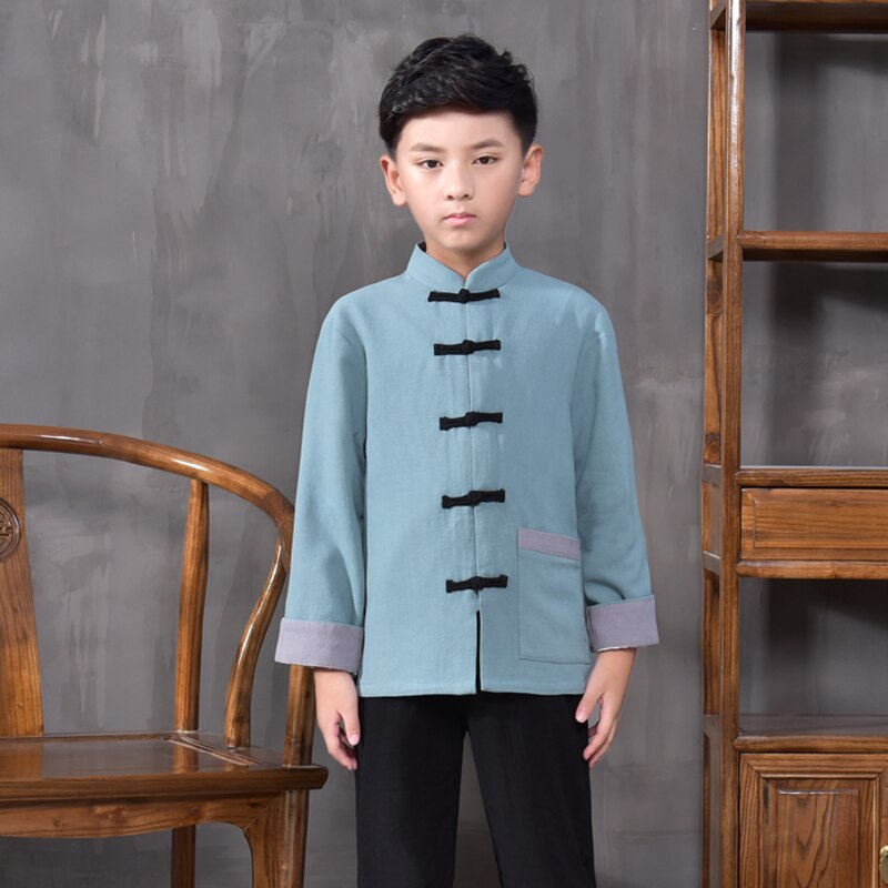 Ropa tradicional china tang, ropa de kungfu para niños, ropa tradicional de hanfu para niños, disfraz de minoría nacional, camisa de tai chi 89: Cian / Xxxl