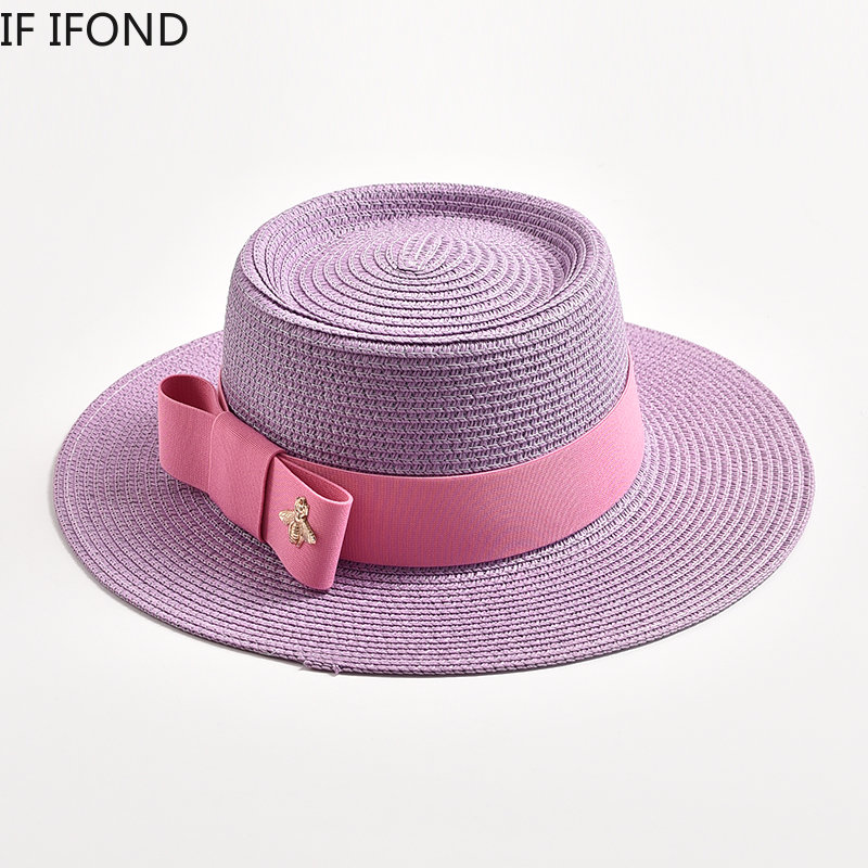 Sombreros de paja para mujer, sombrero de paja redondo con superficie irregular, Top plano con lazo, vestido, Gorra de viaje para playa, novedad de primavera y verano