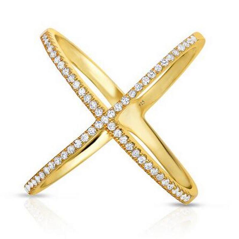 rhodium rose gold authentic 925 sterling silver wide band X ring micro pave zircon criss cross ring for women