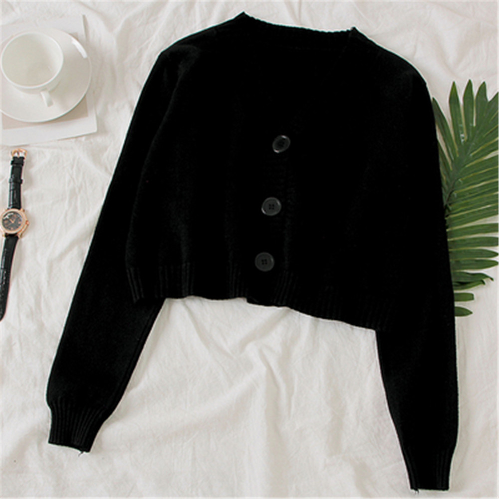 Women's Cropped Cardigan Sweaters Female Black White Short Sweater V Neck Single Breasted Sweater Woman Knitted Cardigan PZ3230